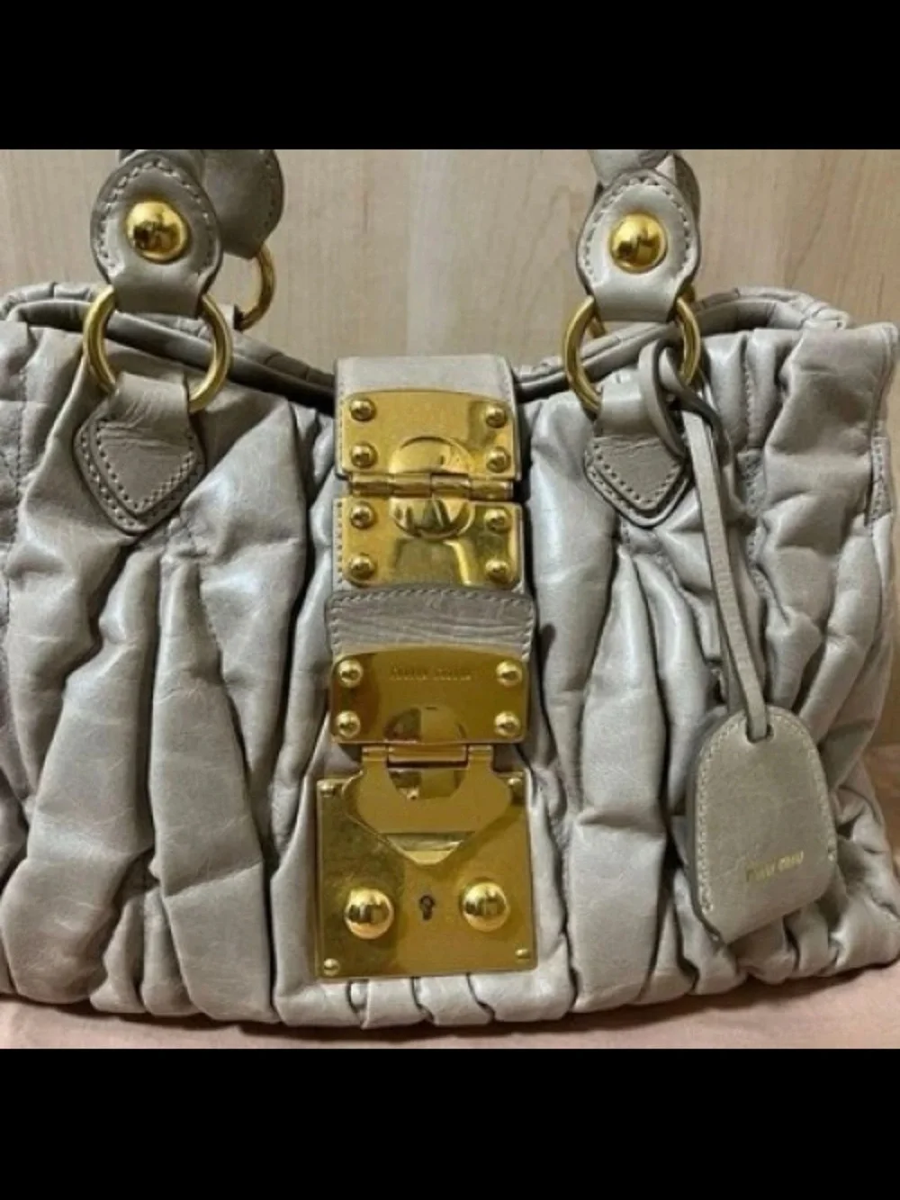 Miu Miu Quilted Cream Leather Satchel with Gold Hardware
